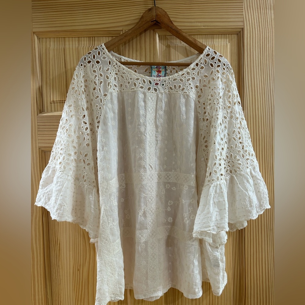 Johnny Was Cream Plaid Ruffle Top Blouse